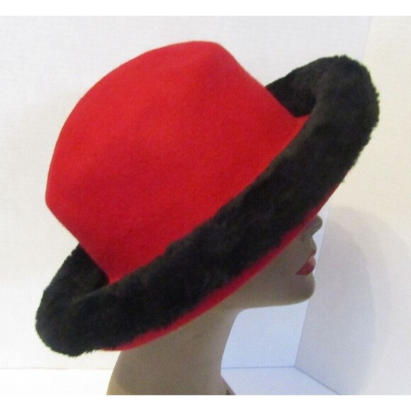 Kathy Jeanne Vintage Hat Brown 100% Wool Red Black Fur Trim Womens Made In USA - Picture 3 of 6